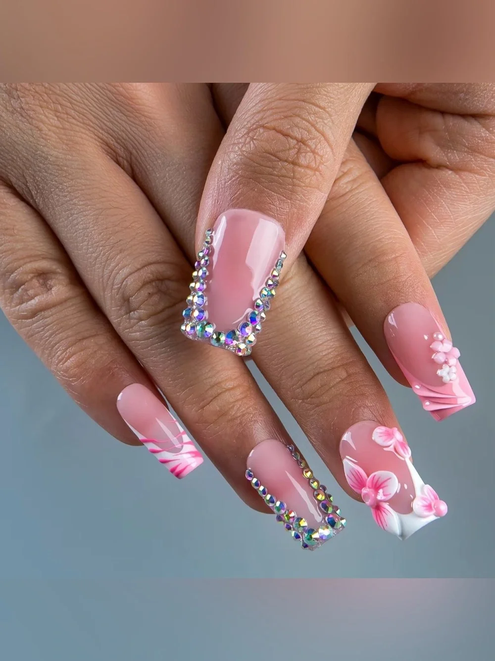 Pink Floral Press-On Nail Set with Rhinestones by Lovful